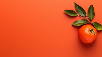 Ripe Orange Persimmon with Green Leaves on Burnt Orange Background