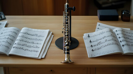 Elegant Wooden Table With Clarinet And Music Sheet Music