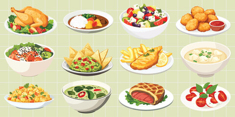 Illustration of foods on a yellow checkered background, vector set