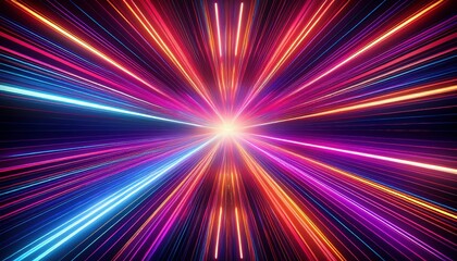 Abstract background with dynamic light streaks and glowing particles. Vibrant colors of purple, orange, and blue radiate from a central point, creating a sense of movement and energy. The image
