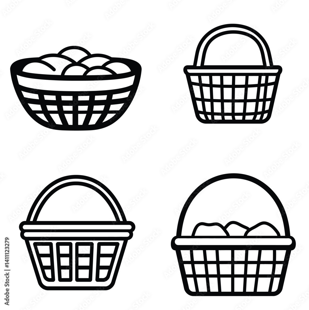 Poster simple woven basket icons set with transparent background in outline style