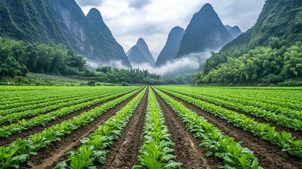 Lush farm field with mountains in the distance