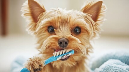 Small dog brushing teeth in cozy bathroom setting