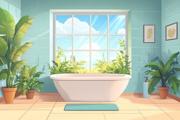 Fototapeta premium Luxurious Modern Bathroom Design: Spa-Like Relaxation with Nature-Inspired Decor, Greenery, and Bright Sunlit Interior
