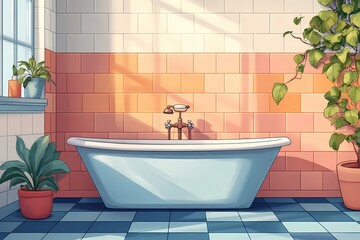 Modern Luxury Bathroom with Potted Plants and Artistic Tile Design for a Serene Bathing Experience