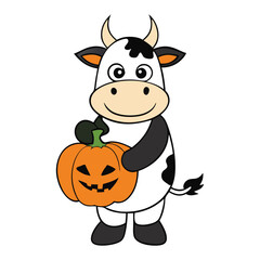Obraz premium A cow dressed up for Halloween, holding a bright orange pumpkin with a spooky smile. It’s a festive, adorable sight, blending farm charm with Halloween fun!