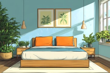 Fototapeta premium Stylish Modern Bedroom Interior: Natural Light and Tropical Plant Decor for a Cozy, Zen Atmosphere