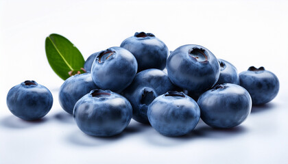 Fototapeta premium Fresh Blueberries with a Leaf: A vibrant display of fresh blueberries, each plump and juicy, accompanied by a single, verdant leaf, creating a picturesque composition of nature's bounty.