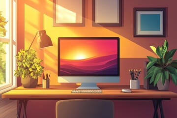 Stylish Home Office Workspace with Modern Desktop and Sunset Inspiration | Cozy Interior Design with Potted Plants and Nature Vibes