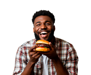 Happy man eating burger delicious burger, PNG