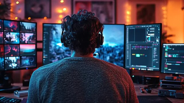 Person focused on video editing at a multi-monitor setup in a cozy, illuminated workspace