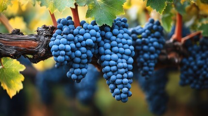 Naklejka premium Ripe red grapes hanging on vine, vineyard autumn harvest, background blurred