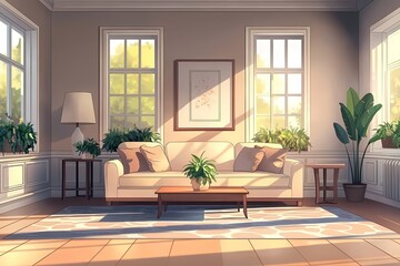 Fototapeta premium Bright Living Room Interior Design: Modern Furniture, Natural Light & Plant Decor