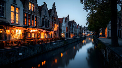 Fototapeta premium Evening Canal Scene in European Town With Lit Buildings And Terraces
