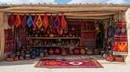 Obraz premium Vibrant Market Scene in a Desert Village in Morocco, with Colorful Fabrics and Pottery Displayed Against a Sandy Backdrop
