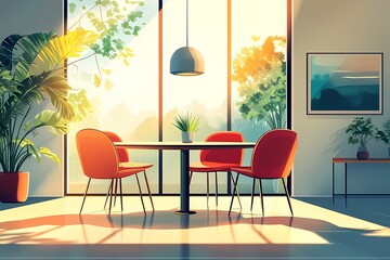 Fototapeta premium Modern Interior Design with Bright Lighting and Red Chairs in a Stylish, Cozy Sunlit Workspace Featuring Minimalist Decor, Indoor Plants, and Contemporary Art