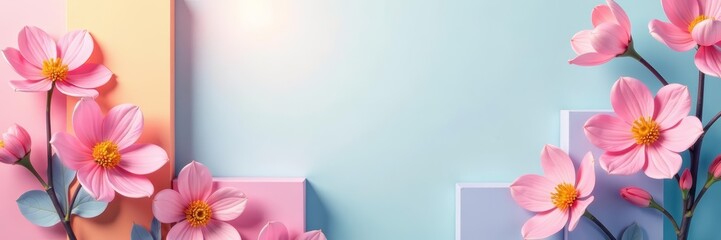 Abstract geometric shapes with soft pastel spring flowers, geometric, pastel