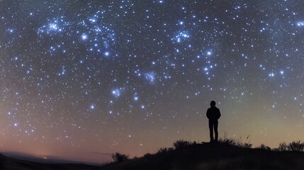 Fototapeta premium Figure standing hilltop gazing up sky full of star their silhouette outlined against clear night sky bright star form celestial pattern creating sense of wonder introspection image evokes feeling of