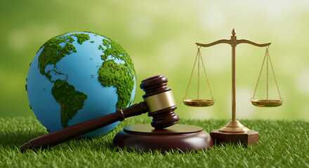 Green law concept. international environmental law Legal hammer placed on the desk, Climate or environmental justice Law on green forest conservation economy Environmental protection, biodiversity, ca