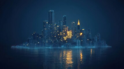 Digital city glowing at night, reflected in water, futuristic background, tech concept