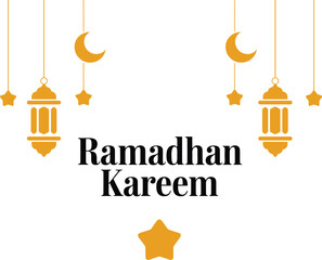 A Ramadan Kareem greeting with crescent moons and lanterns.
