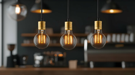 Three Vintage Edison Bulbs Hanging in a Modern Cafe