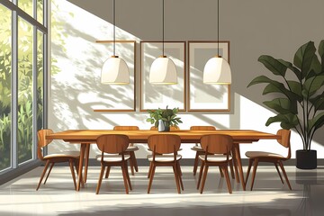 Obraz premium Modern Dining Room with Wooden Table & Natural Light: Contemporary Interior Design Decor