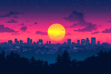 Vibrant Sunset Skyline: Cityscape Silhouette with Pink Hues and Vibrant Colors in Digital Art Illustration