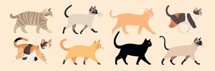 Diverse cartoon cats walking, isolated vector set