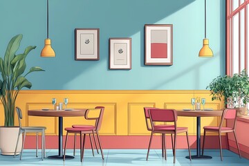 Modern Restaurant Interior Design with Vibrant Decor and Cozy Industrial Aesthetic