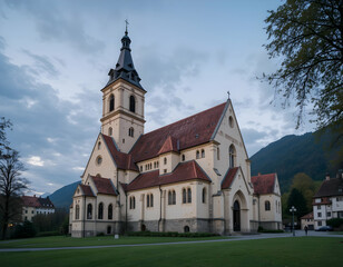 Fototapeta premium Viewing Large Church Building with Tower and Red Roof