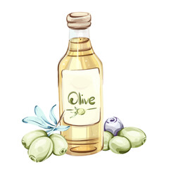 Olives and olive oil illustrated in watercolor celebrating Italian cuisine and natures beauty