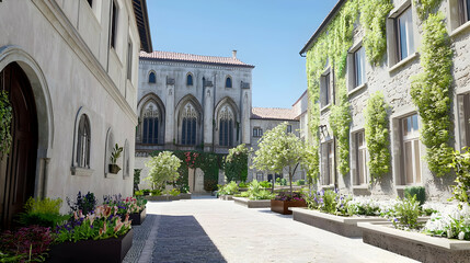 Fototapeta premium Quaint European Town Street Scene With Lush Gardens
