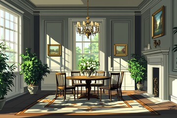 Fototapeta premium Modern Dining Room Interior: Elegant Chairs, Artistic Decor, Neutral Colors, & Vibrant Greenery