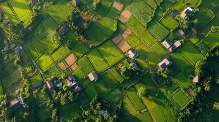 Fototapeta premium Aerial View of Lush Green Rice Paddies and Rural Houses