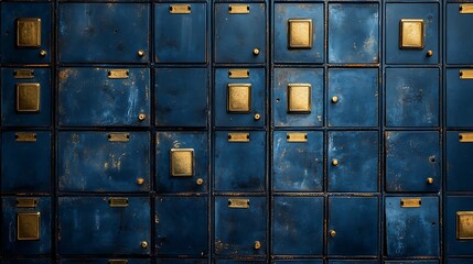 Vintage Rusty Metal Lockers Wall, A textured wall of vintage, rusty metal lockers in blue and yellow hues