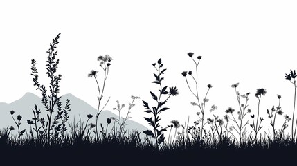 Obraz premium Silhouetted Floral Landscape with Wildflowers and Mountain Range in Black and White