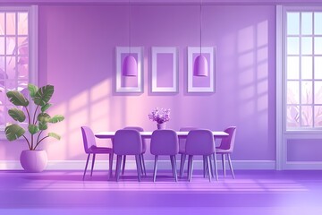 Modern Minimalist Dining Room with Purple Tones and Vibrant Decor Elements in Contemporary Style