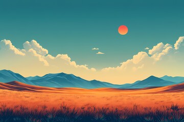 Fototapeta premium Stunning Sunset Over Mountain Landscape: Nature's Idyllic Evening Glow in Vibrant Warm Colors