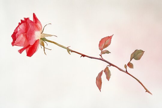 Delicate, single rose with long stem, presented in soft watercolor.