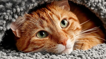 Naklejka premium cat in cave bed looking at camera cozy home interior with no people,photo image
