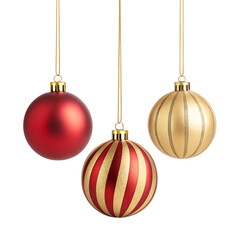 Red and gold Christmas baubles hanging.