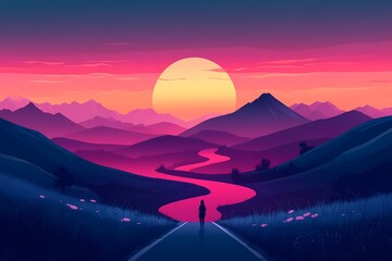 Fototapeta premium Vibrant Sunset Over River and Mountains: A Traveler's Scenic Journey in Nature's Distant Horizon