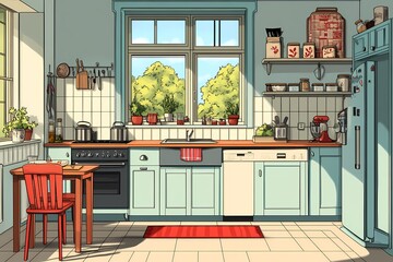 Fototapeta premium Modern Kitchen Interior Design with Cozy Furniture and Sunny Window View | Stylish Red and Blue Decor with Functional Workspace