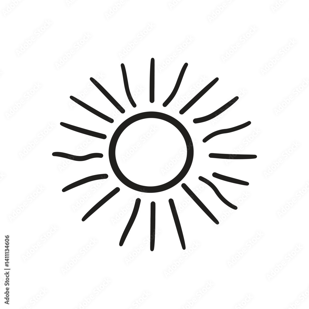 Poster sun with rays in hand drawn style on transparent background