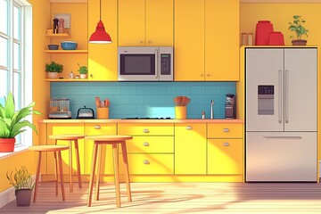 Modern Kitchen Interior Design with Vibrant Yellow Cabinets and Natural Light
