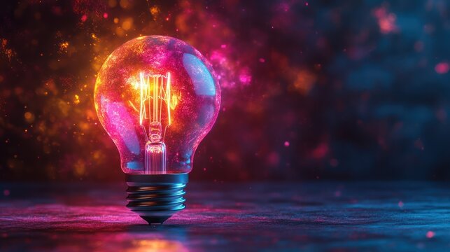 Glowing lightbulb, vibrant particles, dark background, idea concept