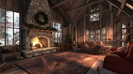 Fototapeta premium A cozy cabin interior with a lit fireplace and Christmas decorations