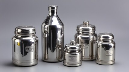 A collection of gleaming stainless steel containers and bottles ideal for sto food or liquids in a kitchen or pantry setting.
