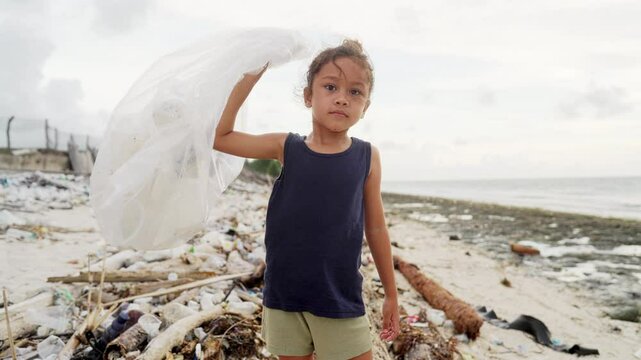 young environmentalist volunteer child cleaning dirty coastline, beach clean up, plastic pollution in ocean, pocking up bottle trash and waste in garbage bag